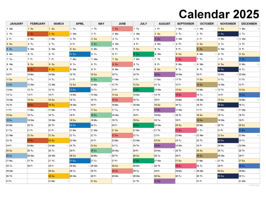 2025 Calendar Printable, ✓ Pdf, Excel And Image File   Free Pertaining To Free Printable Color Calendar 2025 | CalendarCrazePrint.Com