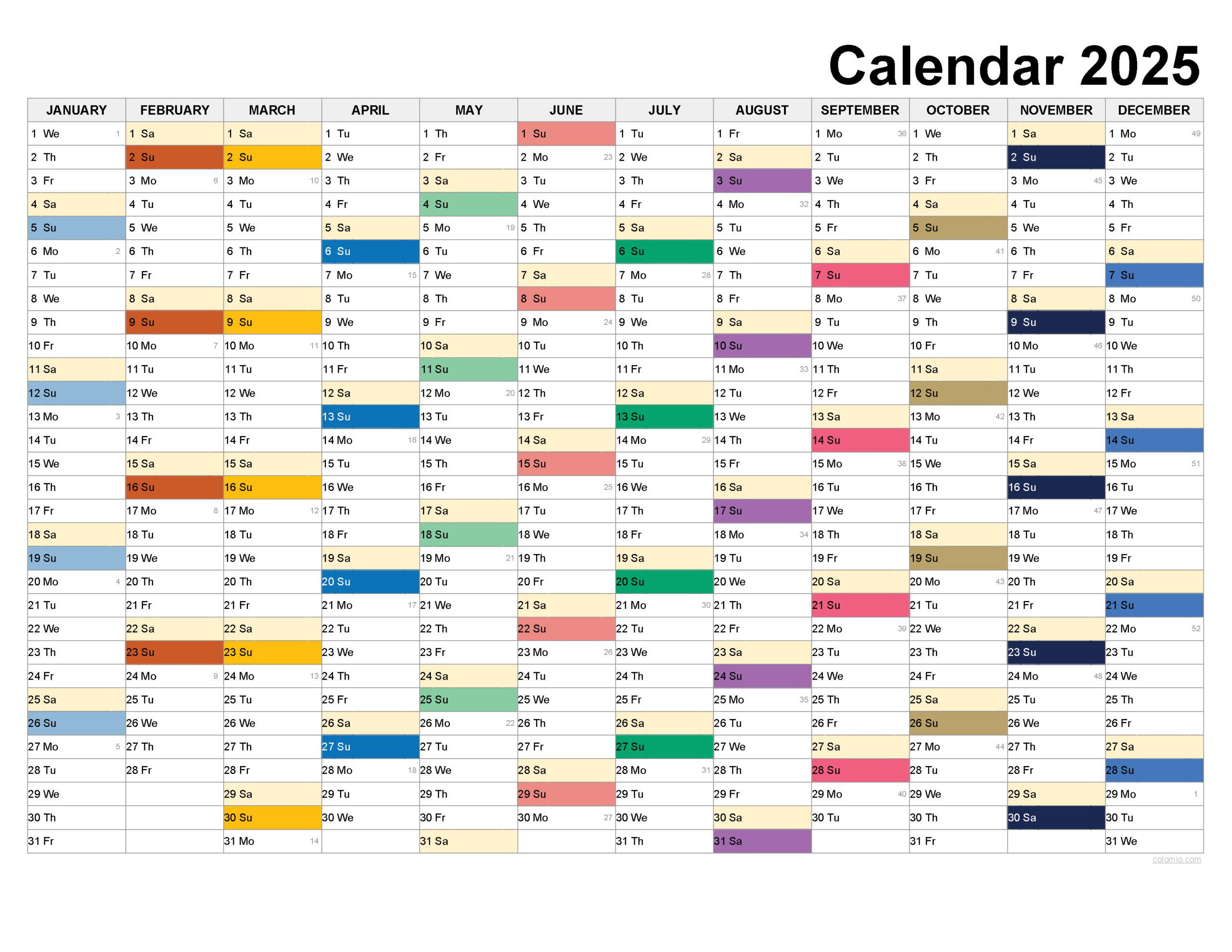 2025 Calendar Printable, ✓ Pdf, Excel And Image File - Free pertaining to Free Printable Color Calendar 2025 | CalendarCrazePrint.Com