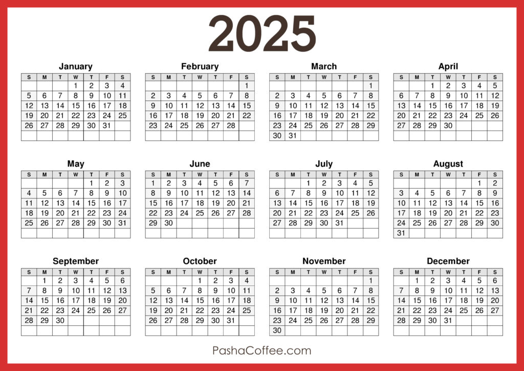 2025 Calendar Printable Free, Horizontal, Red – Pashacoffee Inside  Calendars 2025 | CalendarCrazePrint.Com