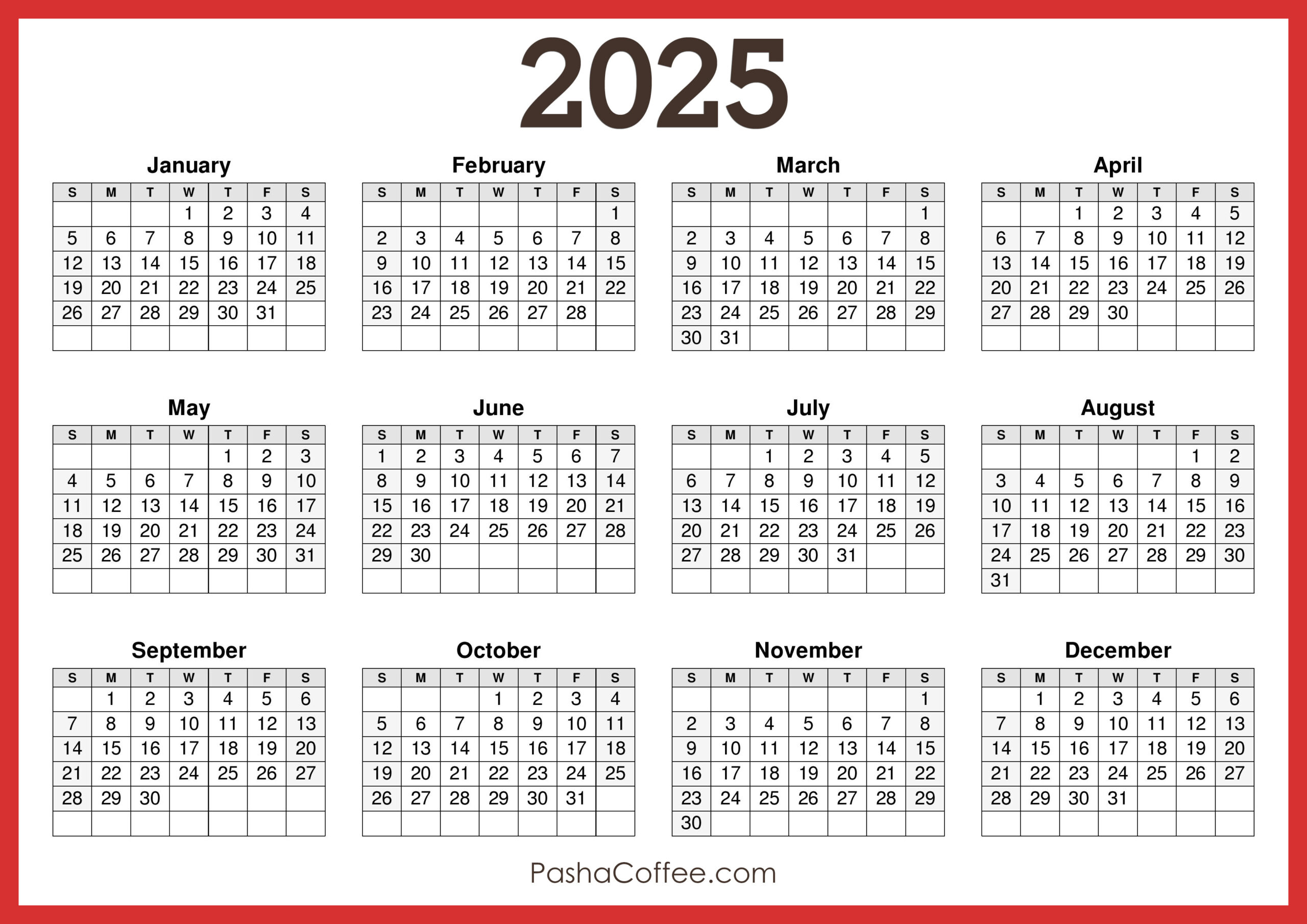 2025 Calendar Printable Free, Horizontal, Red – Pashacoffee inside Calendars 2025 | CalendarCrazePrint.Com