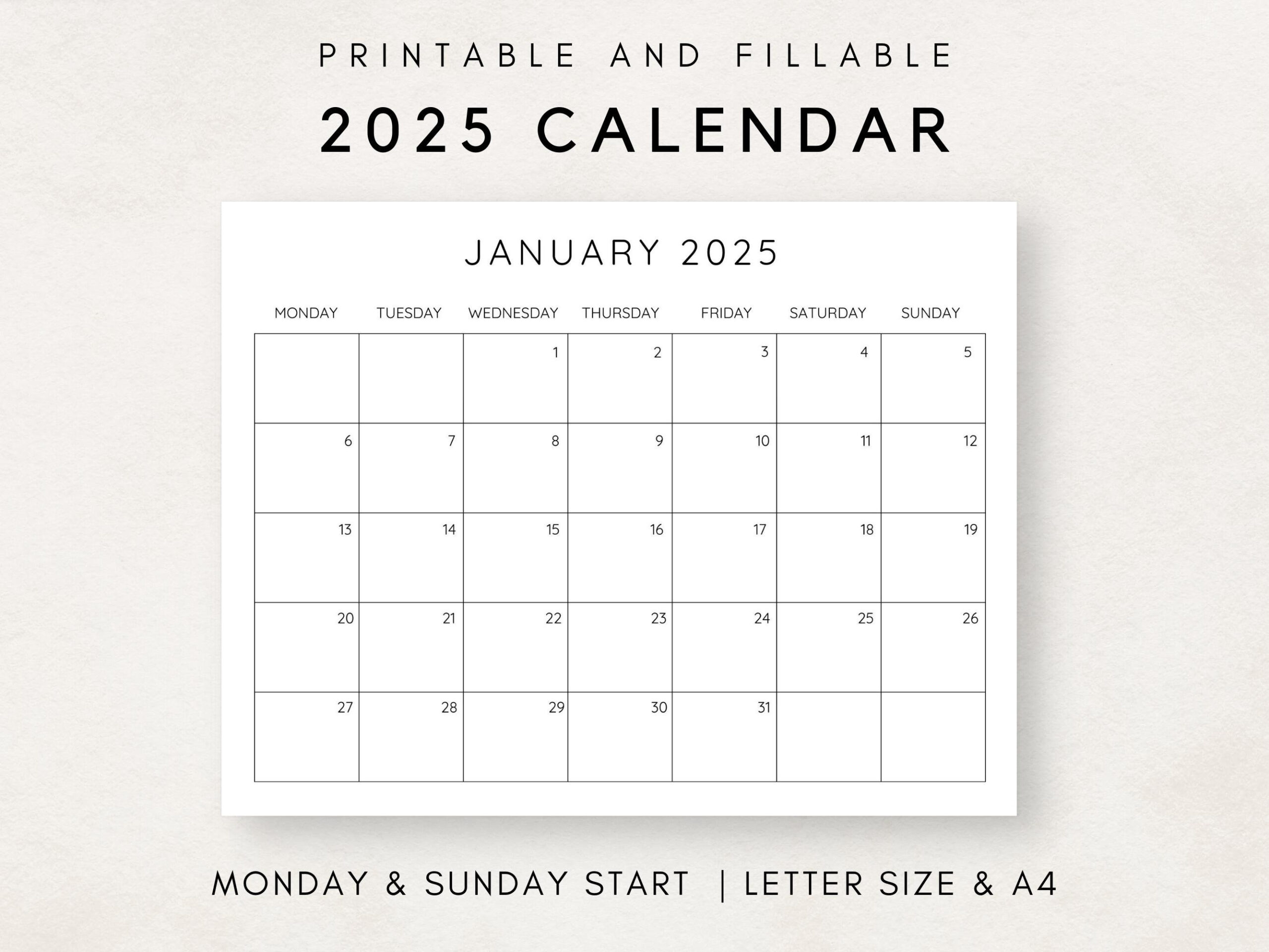 2025 Calendar Printable, Monthly Calendar 2025, Fillable Calendar for Calendars 2025 | CalendarCrazePrint.Com