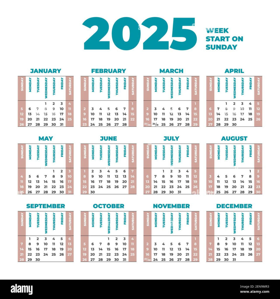 2025 Calendar Template With Weeks Start On Sunday Stock Vector Throughout 2025 Calendar By Weeks Printable | CalendarCrazePrint.Com