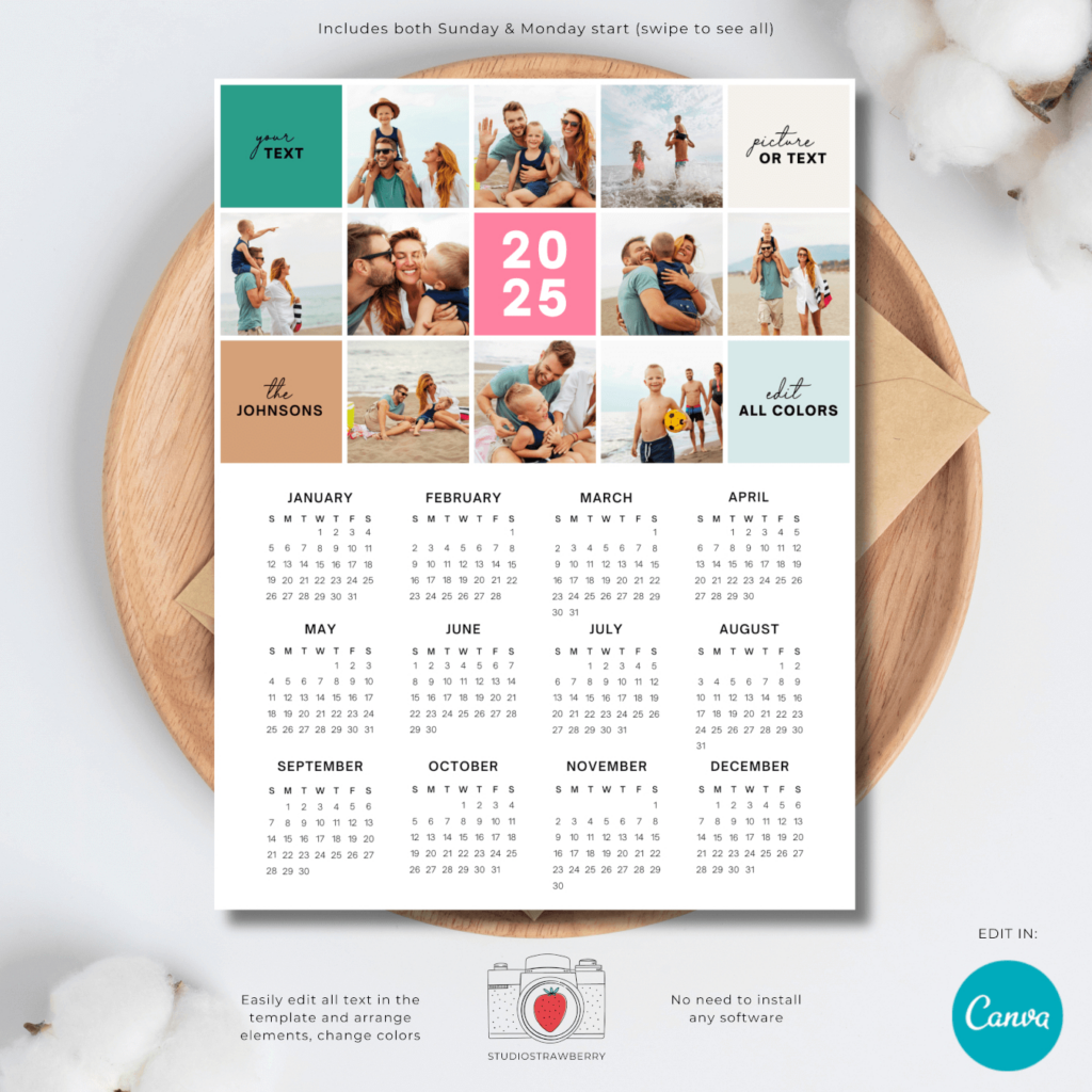 2025 Calendar With Customizable Grid Photo Collage – Strawberry Kit Pertaining To Printable Custom Calendar 2025 | CalendarCrazePrint.Com