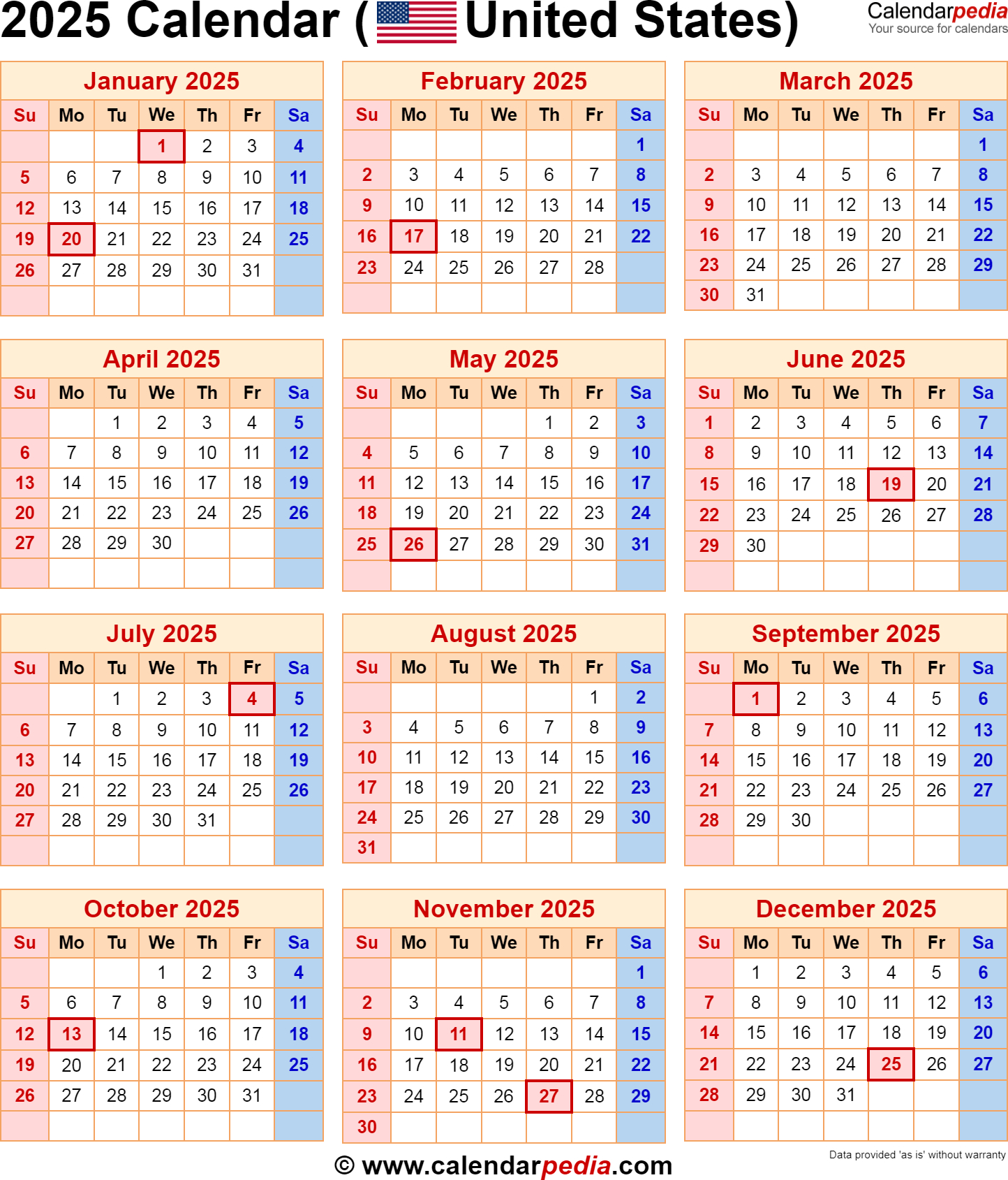 2025 Calendar With Federal Holidays for Printable Calendar 2025 With Federal Holidays | CalendarCrazePrint.Com