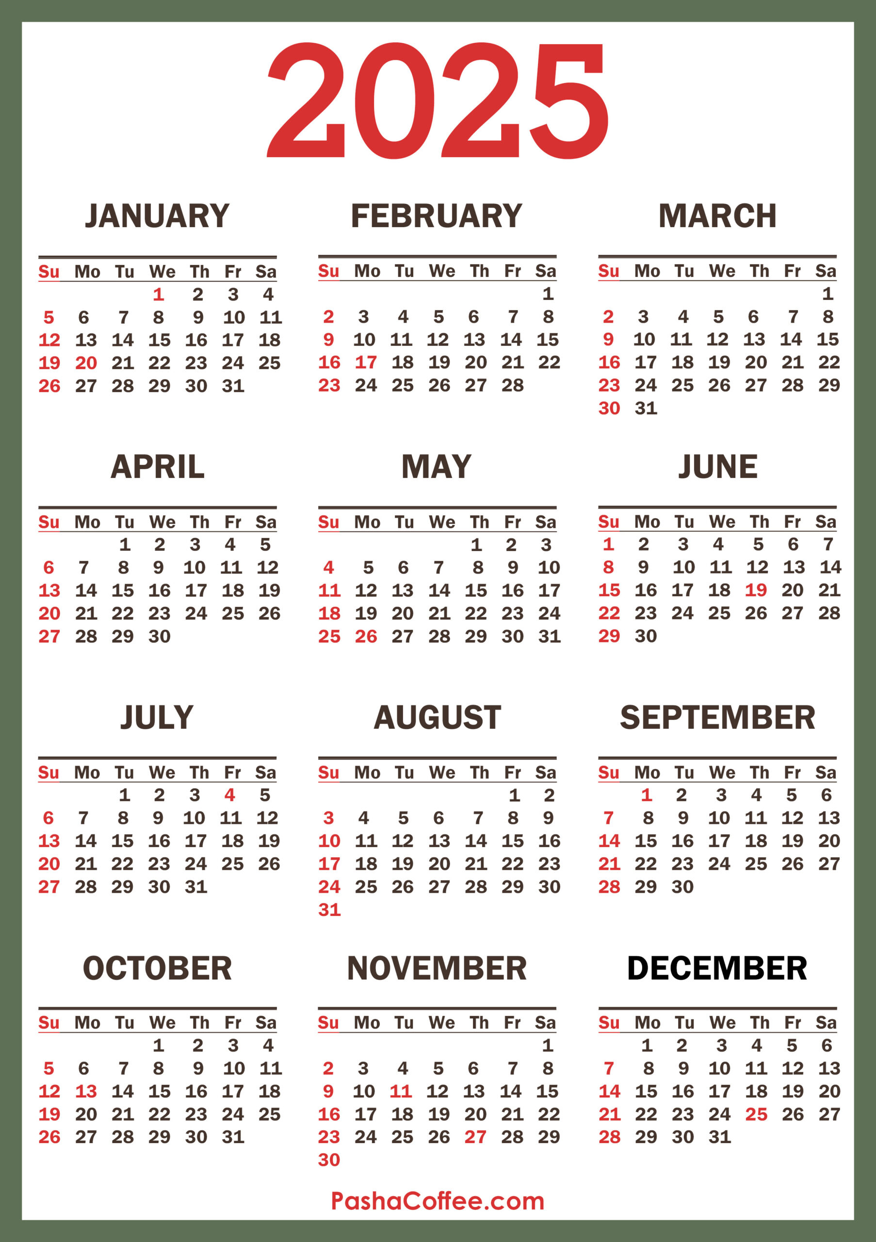 2025 Calendar With Holidays, Printable Free, Vertical for 2025 Calendar with Holidays Printable Free Download | CalendarCrazePrint.Com