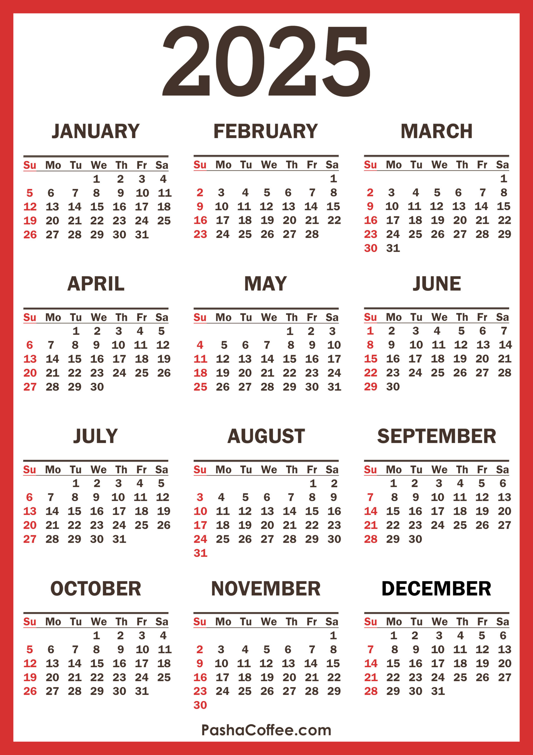 2025 Calendar With Holidays, Printable Free, Vertical, Red inside Printable Calendar 2025 with Holidays Free Download | CalendarCrazePrint.Com