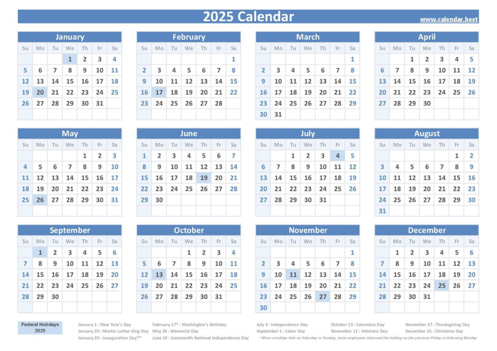 2025 Calendar With Holidays (Us Federal Holidays) In 2025 United States Government Calendar Printable | CalendarCrazePrint.Com