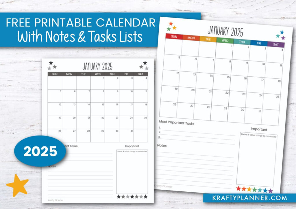 2025 Calendar With Notes And Task Lists — Krafty Planner With  Calendars 2025 | CalendarCrazePrint.Com