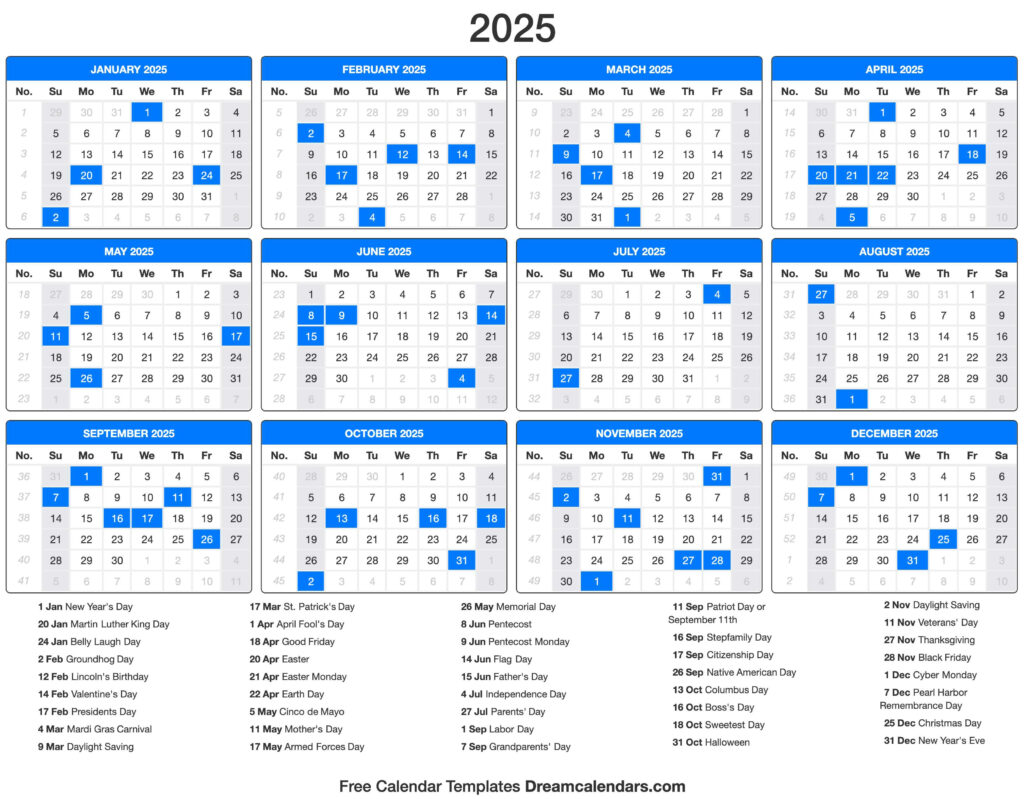 2025 Calendar With Printable Yearly Calendar 2025 With Holidays  | CalendarCrazePrint.Com