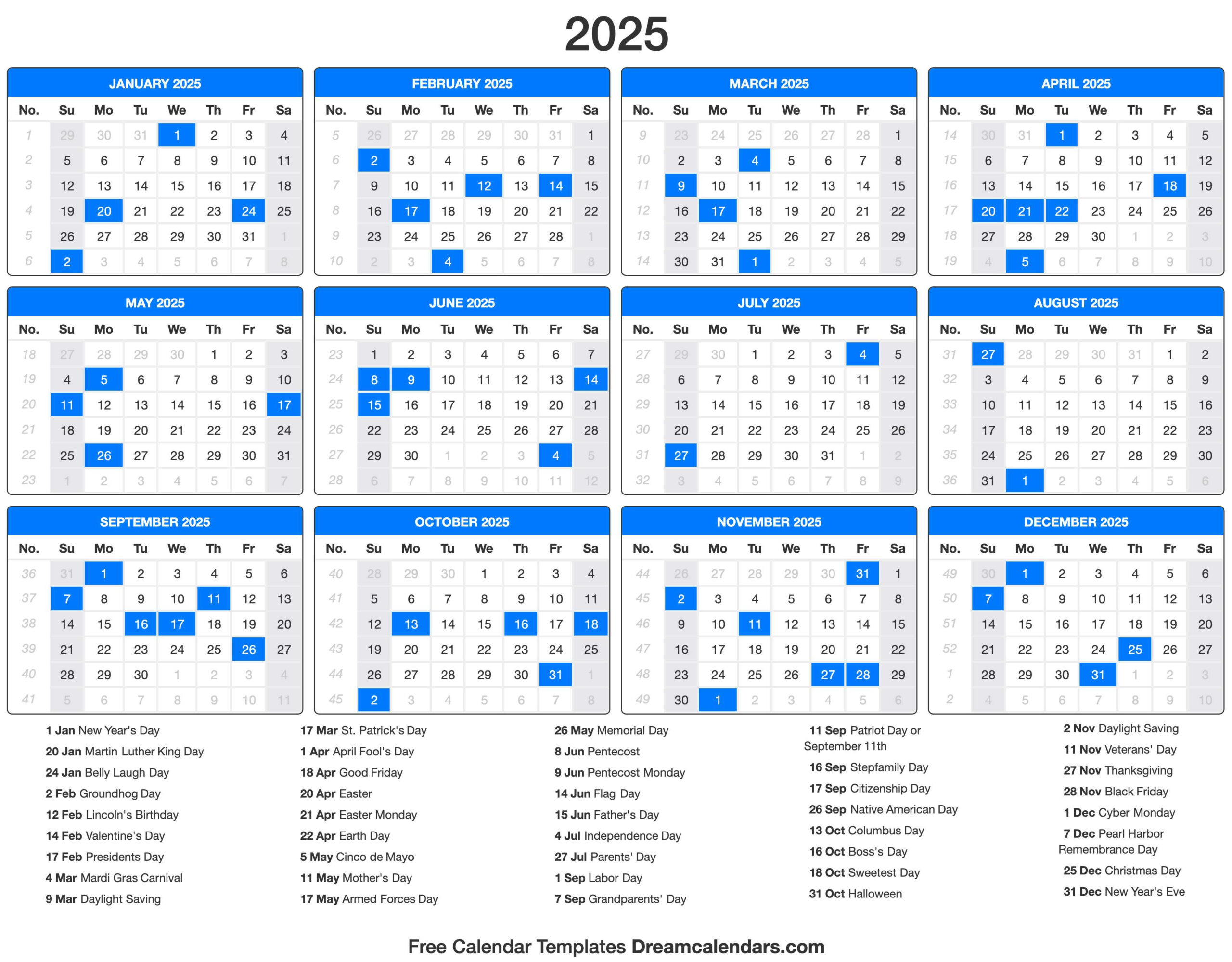 2025 Calendar with Printable Yearly Calendar 2025 with Holidays | CalendarCrazePrint.Com