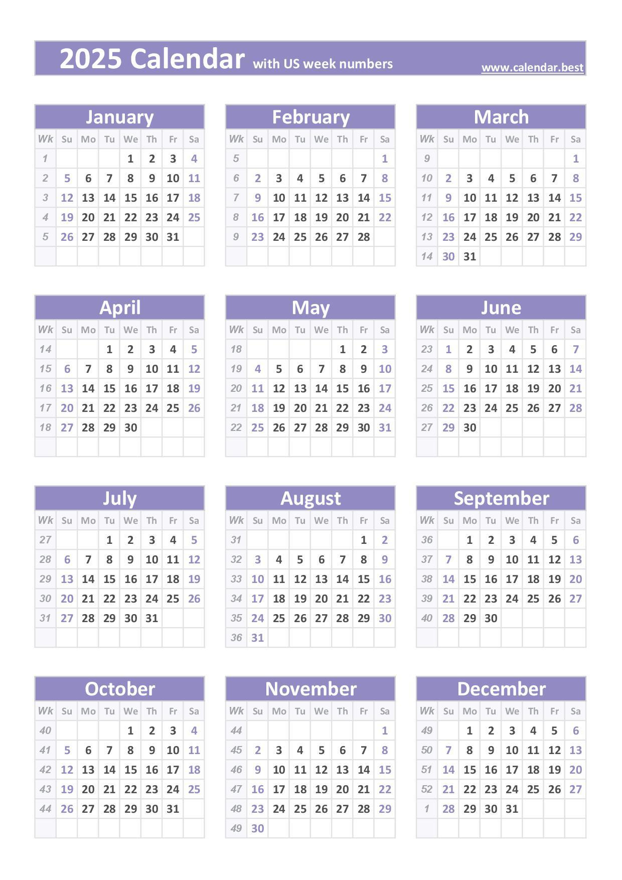 2025 Calendar With Week Numbers (Us And Iso Week Numbers) for 2025 Calendar Weeks Printable | CalendarCrazePrint.Com