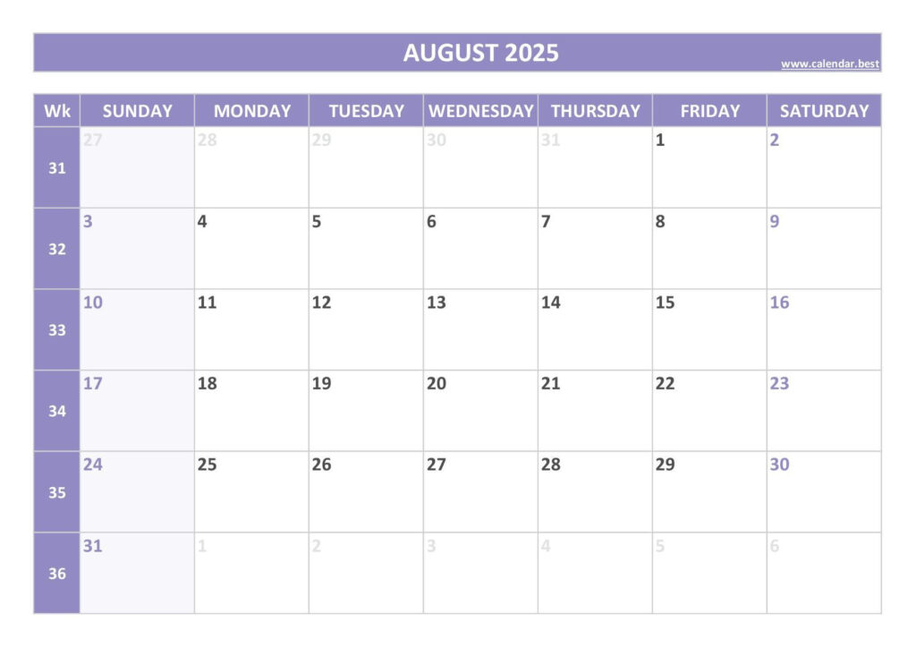 2025 Calendar With Week Numbers (Us And Iso Week Numbers) Intended For Blank August Calendar 2025 Printable | CalendarCrazePrint.Com