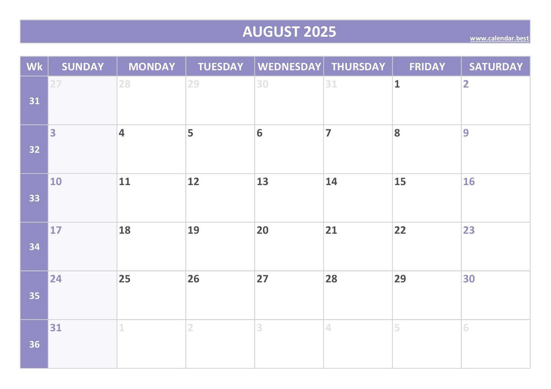 2025 Calendar With Week Numbers (Us And Iso Week Numbers) intended for Blank August Calendar 2025 Printable | CalendarCrazePrint.Com