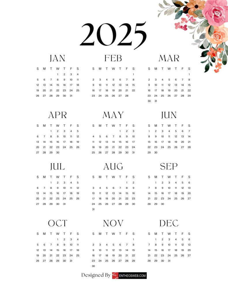 2025 Calendars | Entheosweb In Floral Printable Calendar 2025 | CalendarCrazePrint.Com