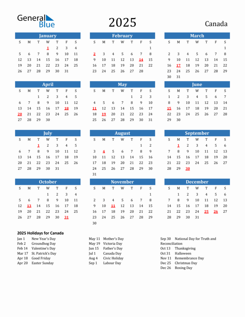 2025 Canada Calendar With Holidays With Regard To 2025 Calendar Printable Canada | CalendarCrazePrint.Com