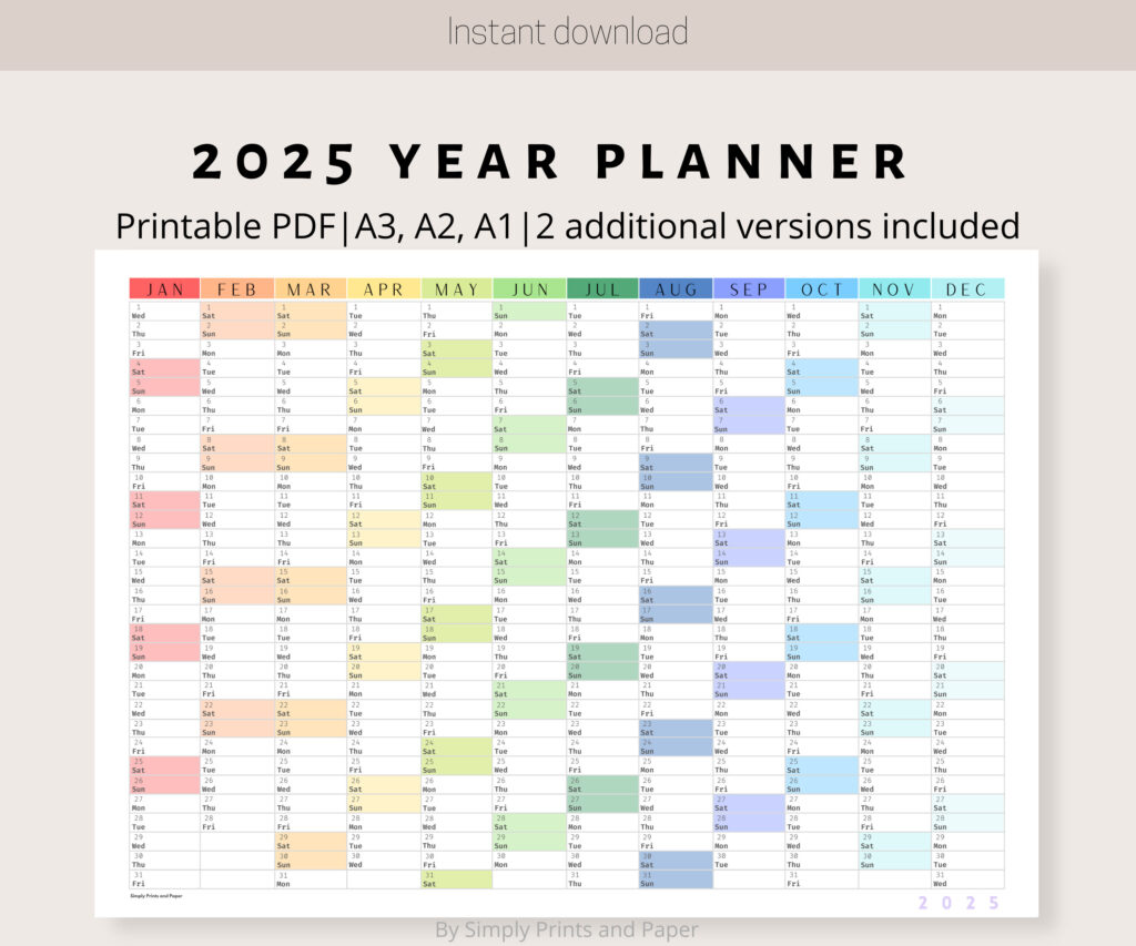 2025 Colorful Wall Calendar Printable Yearly Planner Large Wall Inside Wall Calendar 2025 Printable | CalendarCrazePrint.Com