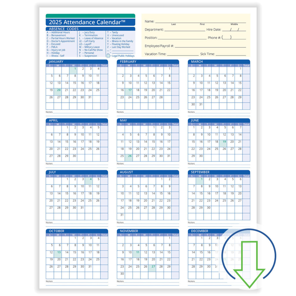 2025 Downloadable Employee Attendance Calendar | Hrdirect In 2025 Employee Attendance Calendar Printable Free | CalendarCrazePrint.Com