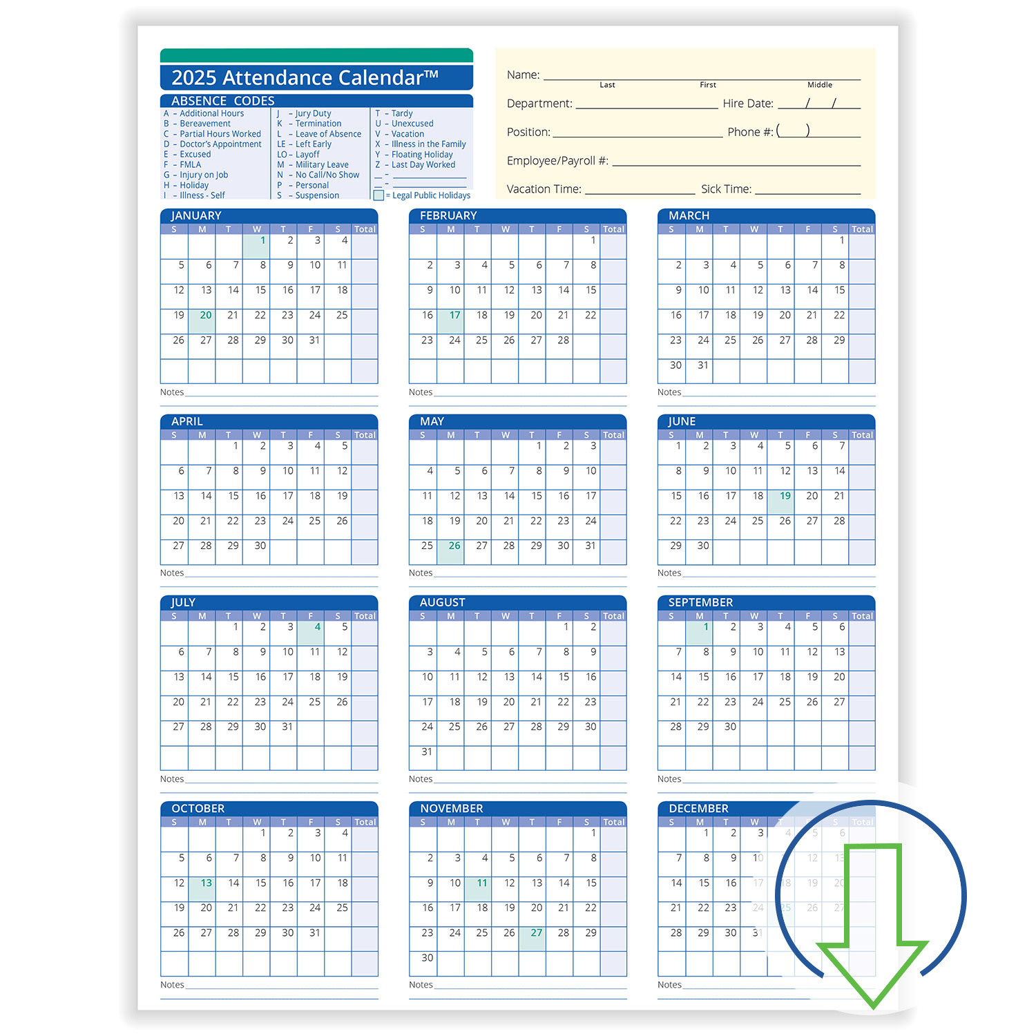 2025 Downloadable Employee Attendance Calendar | Hrdirect intended for Calendars 2025 | CalendarCrazePrint.Com