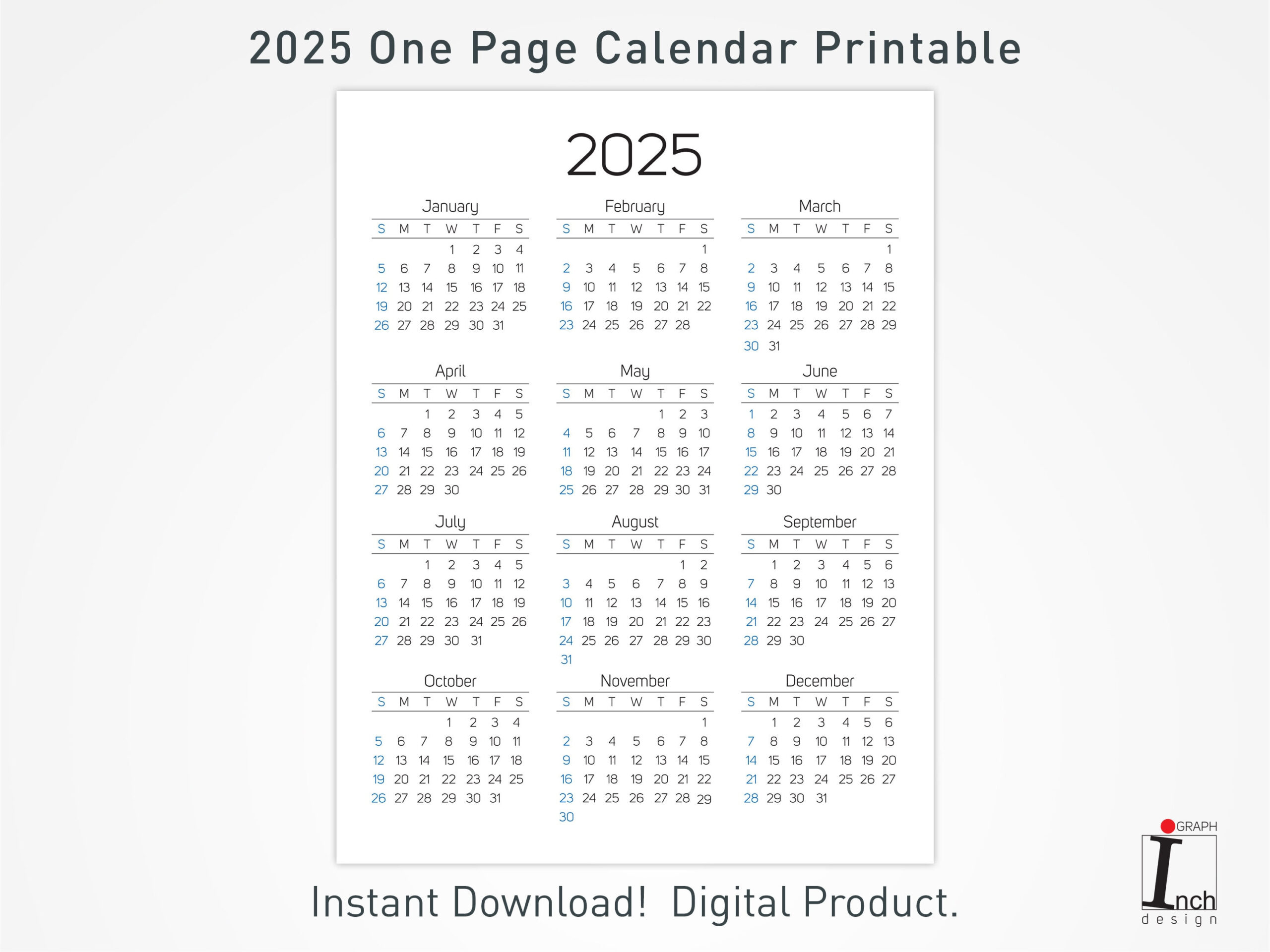 2025 Druckbarer Kalender, 12 Monate Einseitiger Kalender in Calendars 2025 | CalendarCrazePrint.Com