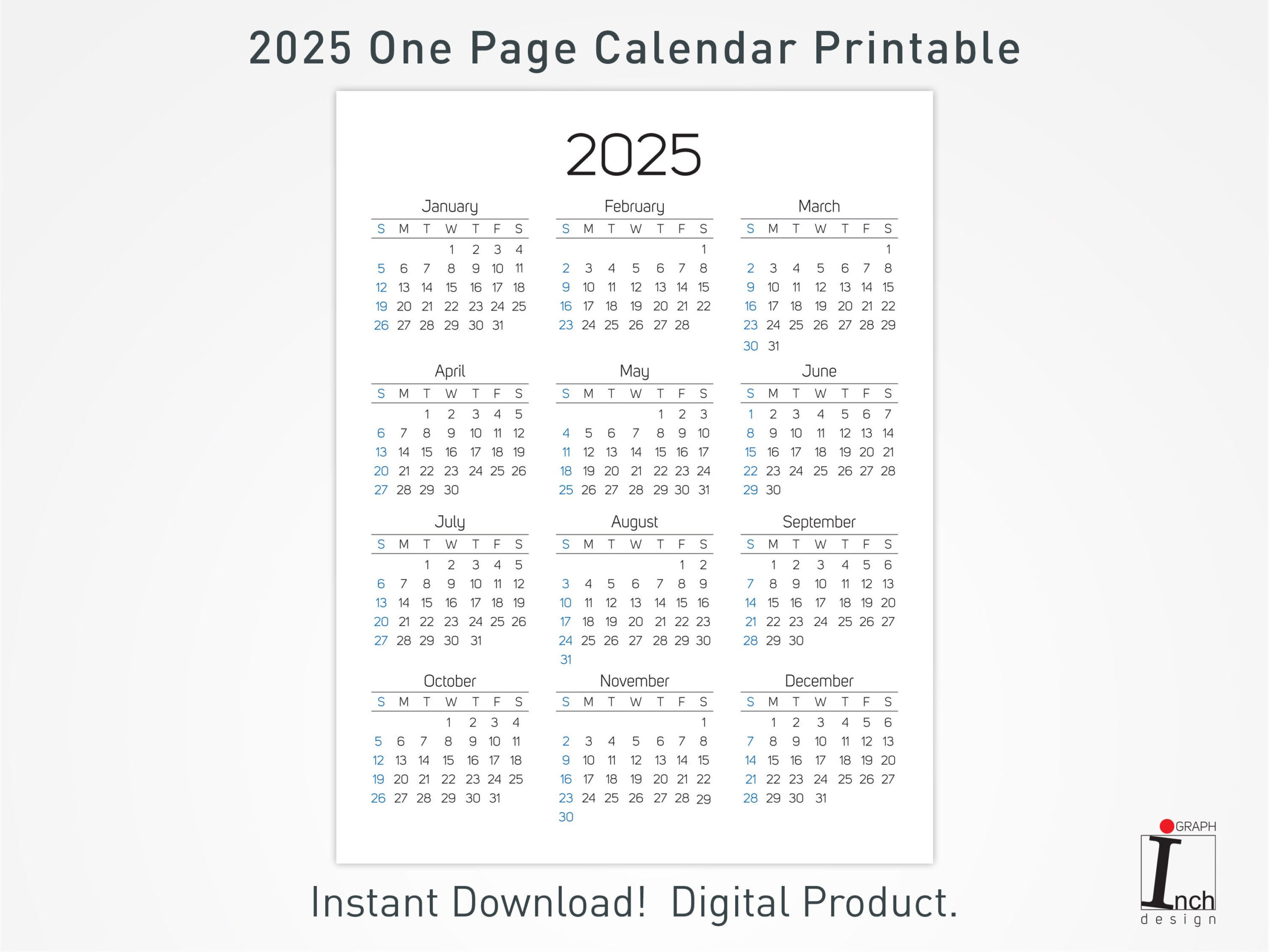 2025 Druckbarer Kalender, 12 Monate Einseitiger Kalender with One Page Printable Calendar 2025 | CalendarCrazePrint.Com