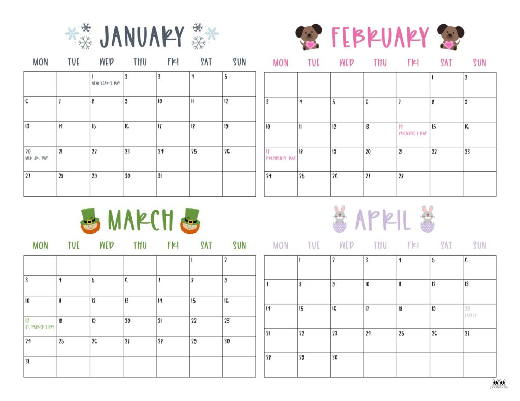 2025 Four Month Calendars - 31 Free Printables | Printabulls for Calendars 2025 | CalendarCrazePrint.Com