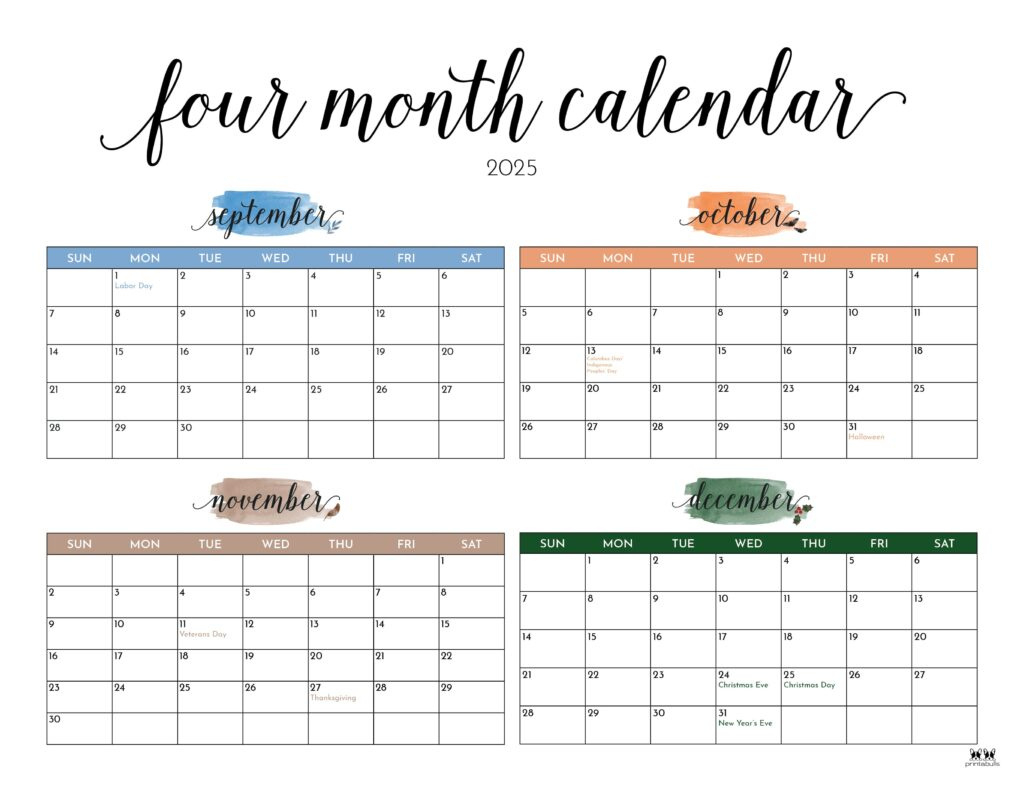 2025 Four Month Calendars - 31 Free Printables | Printabulls for Free Printable 4 Month Calendar 2025 | CalendarCrazePrint.Com