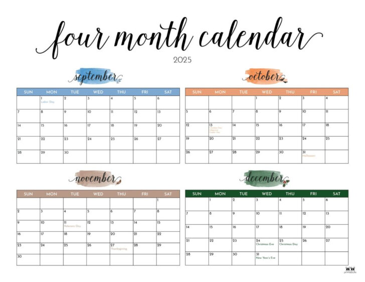 4 Month Calendar 2025 Printable | Calendars 2025