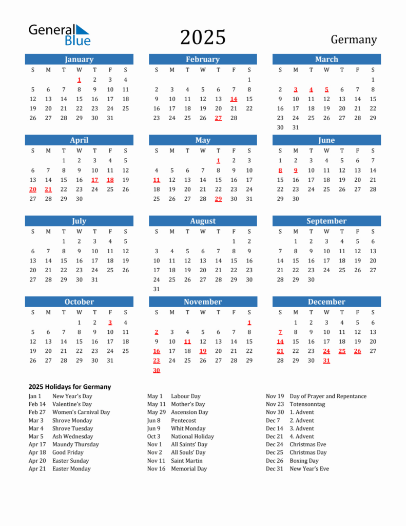 2025 Germany Calendar With Holidays In Holiday Calendar 2025 Printable | CalendarCrazePrint.Com