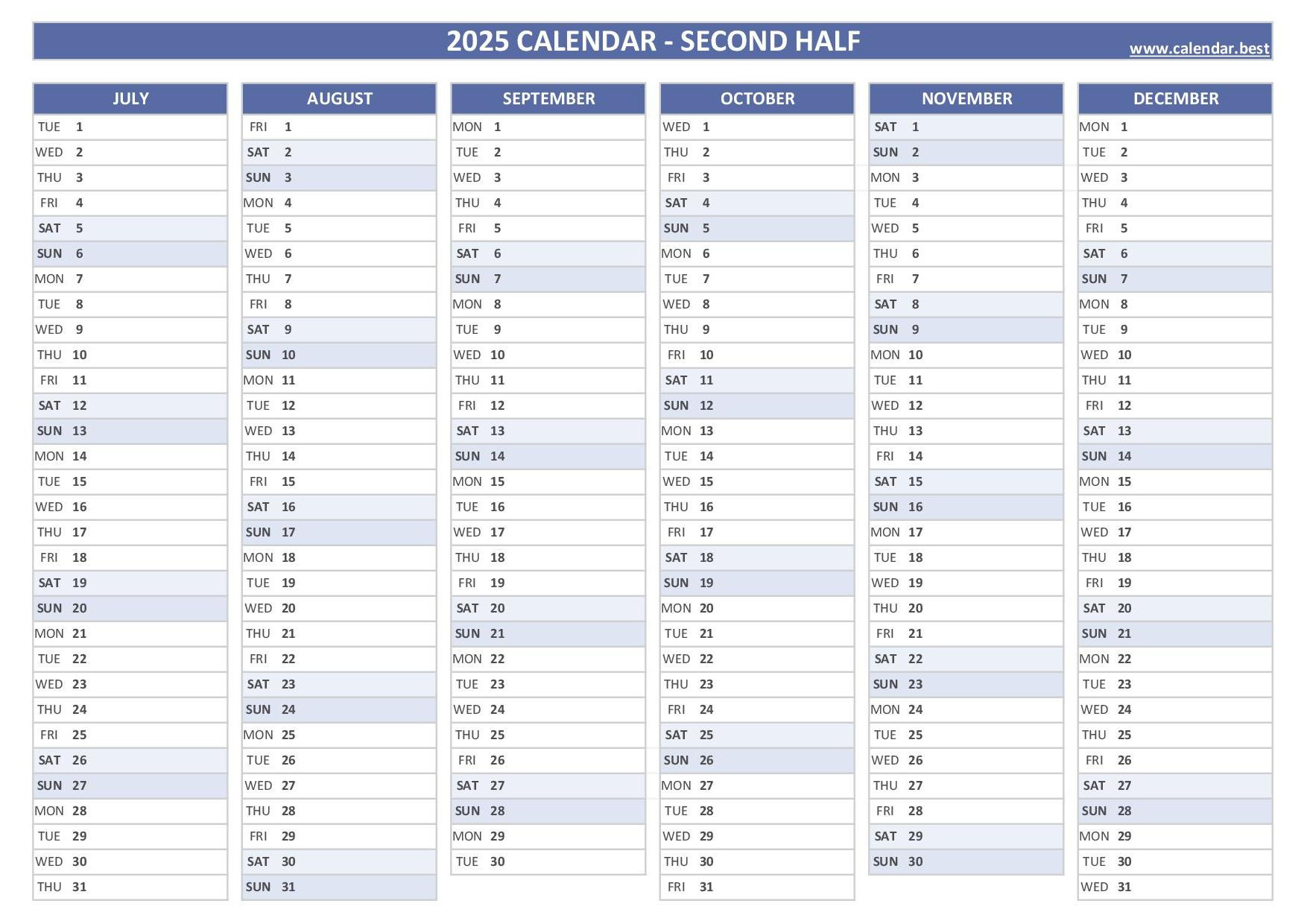 2025 Half Year Calendar To Print for Free Printable 6 Month Calendar 2025 | CalendarCrazePrint.Com