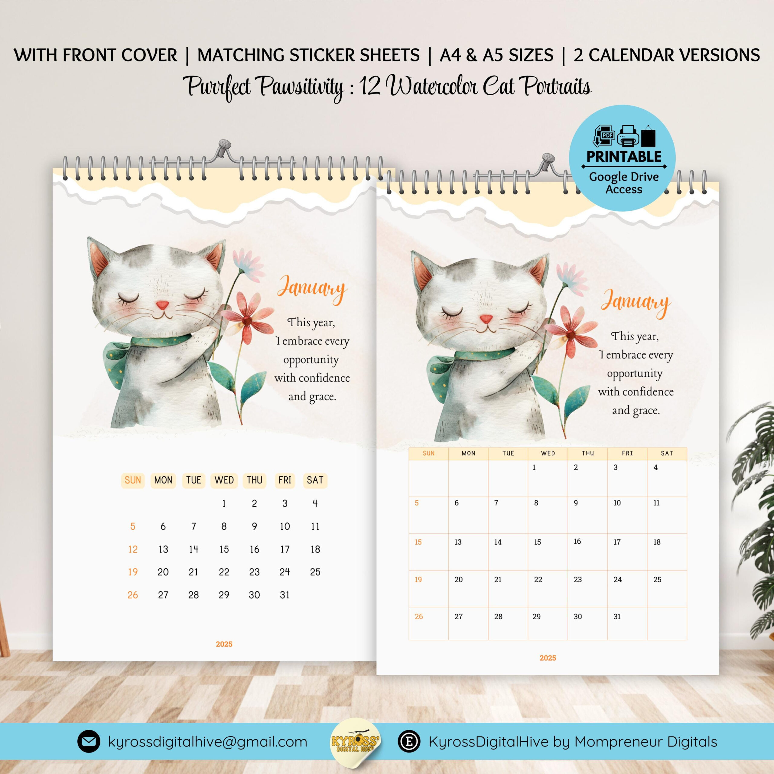 2025 Illustrated Cat Calendar Printable Aesthetic 2025 Calendar in Calendars 2025 | CalendarCrazePrint.Com