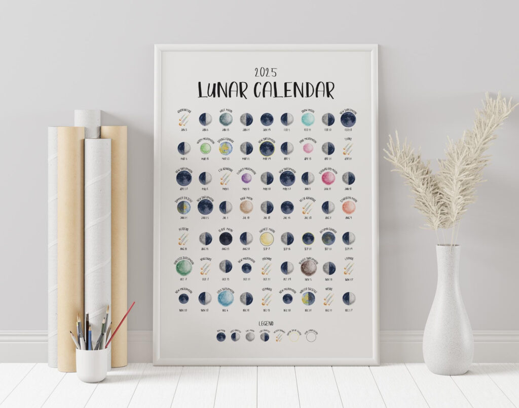 2025 Lunar Calendar Print Northern Hemisphere Illustrated Moon Throughout 2025 Full Moon Calendar Printable | CalendarCrazePrint.Com