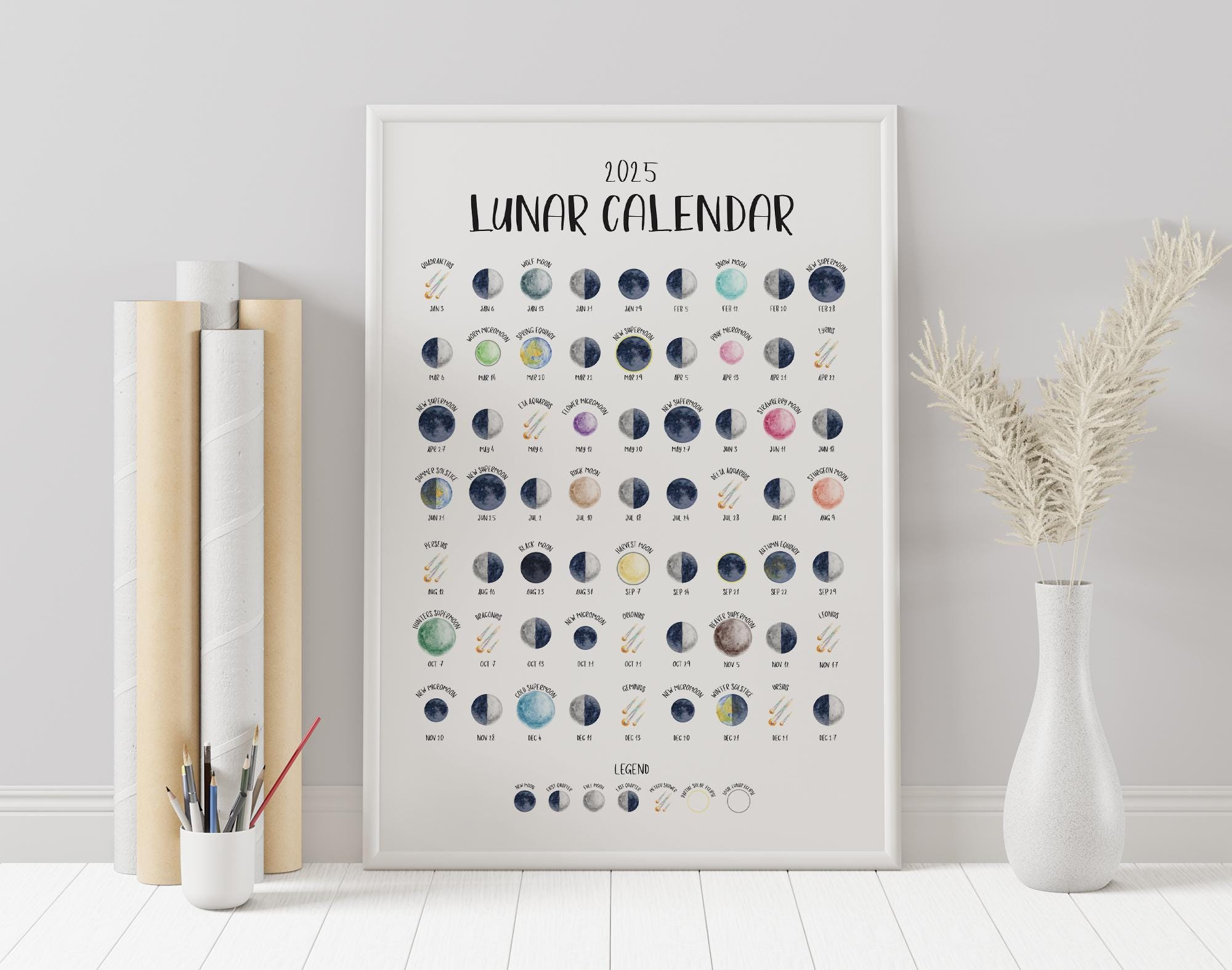 2025 Lunar Calendar Print Northern Hemisphere Illustrated Moon throughout 2025 Full Moon Calendar Printable | CalendarCrazePrint.Com