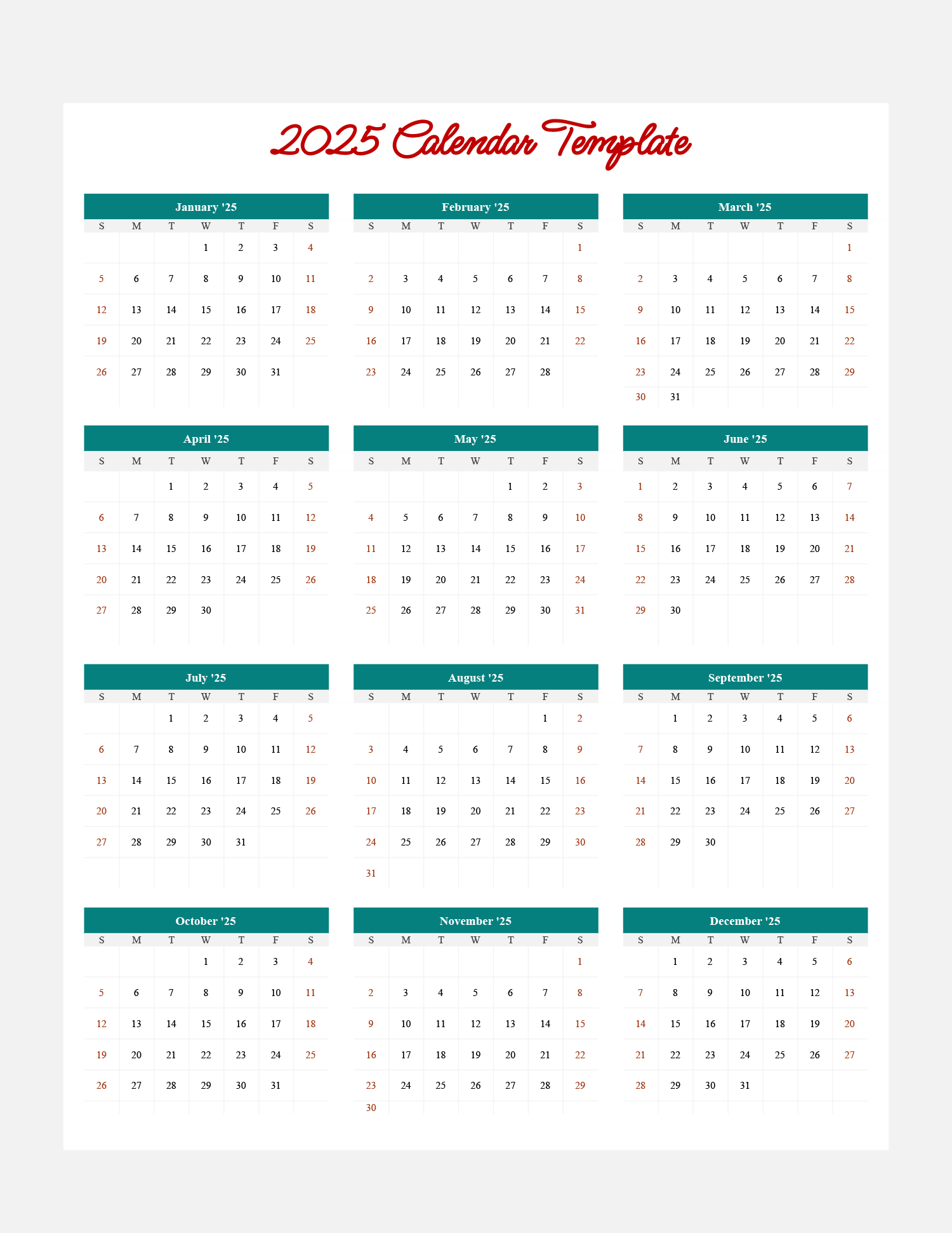 2025 Minimal Calendar Template - Google Sheets - Highfile inside Google Calendar 2025 Printable | CalendarCrazePrint.Com