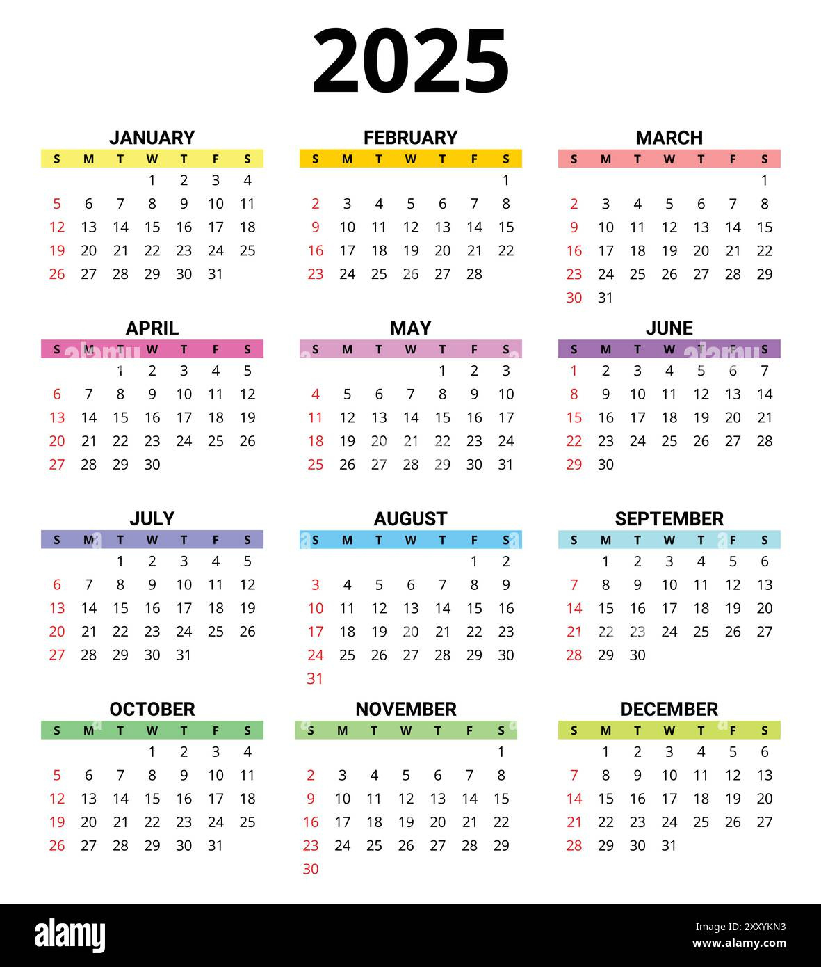 2025 Month Printable Color Calendar. Modern Vector Template for Printable Calendar 2025 Color | CalendarCrazePrint.Com