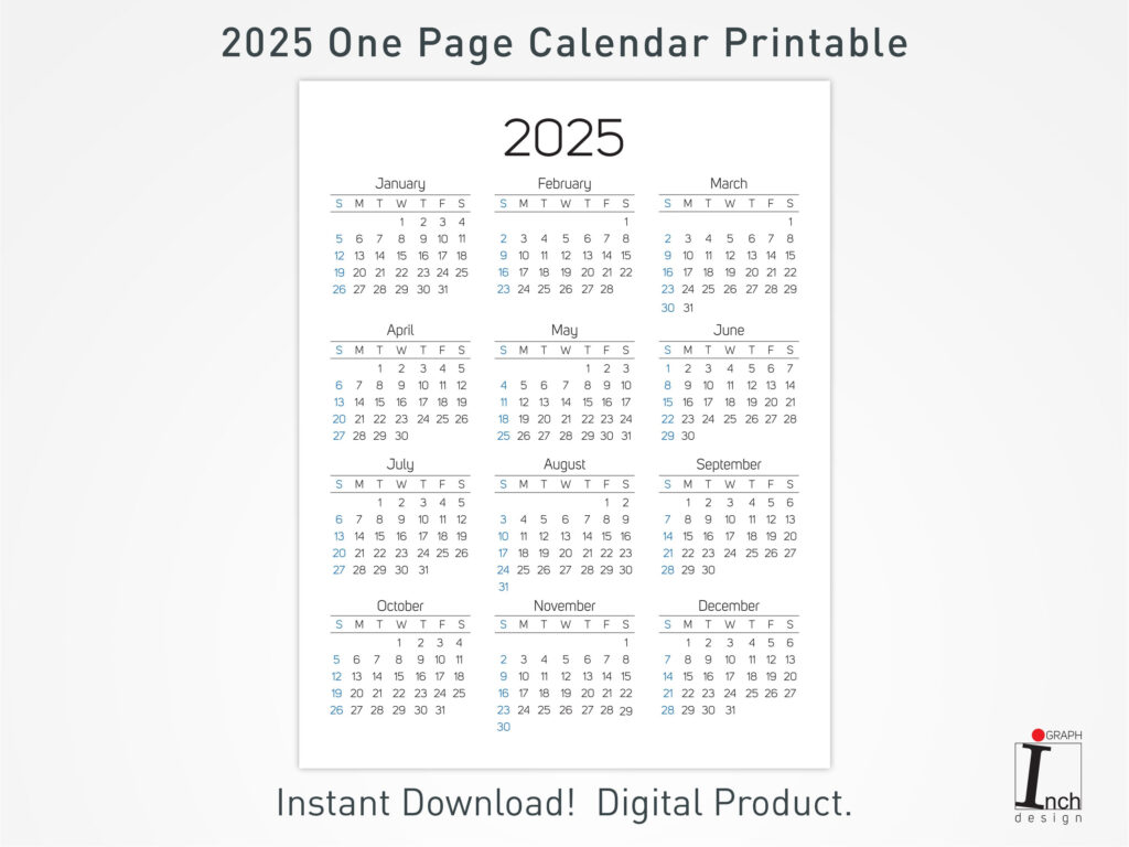 2025 Printable Calendar, 12 Months One Page Calendar, Wall In 2025 1 Page Calendar Printable  | CalendarCrazePrint.Com