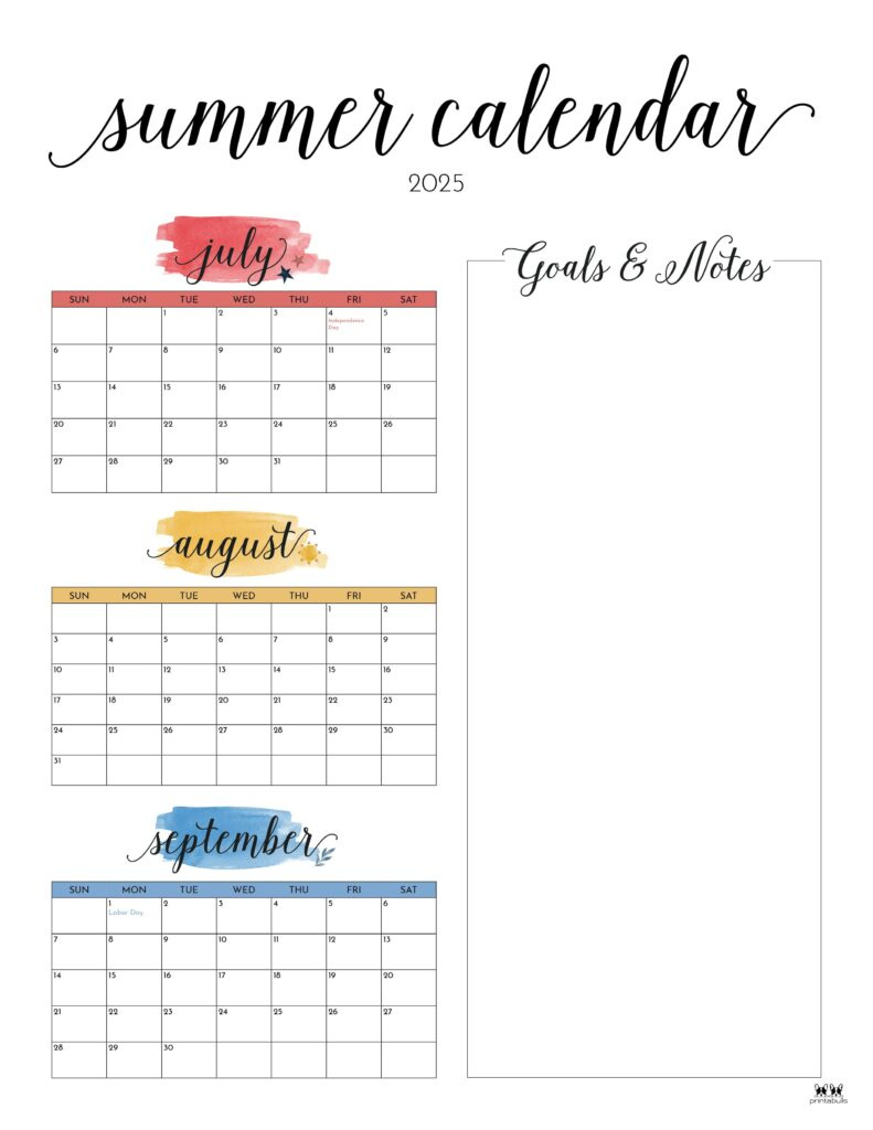 2025 Summer Calendars - 27 Free Printables | Printabulls inside Summer Calendar Printable 2025 | CalendarCrazePrint.Com