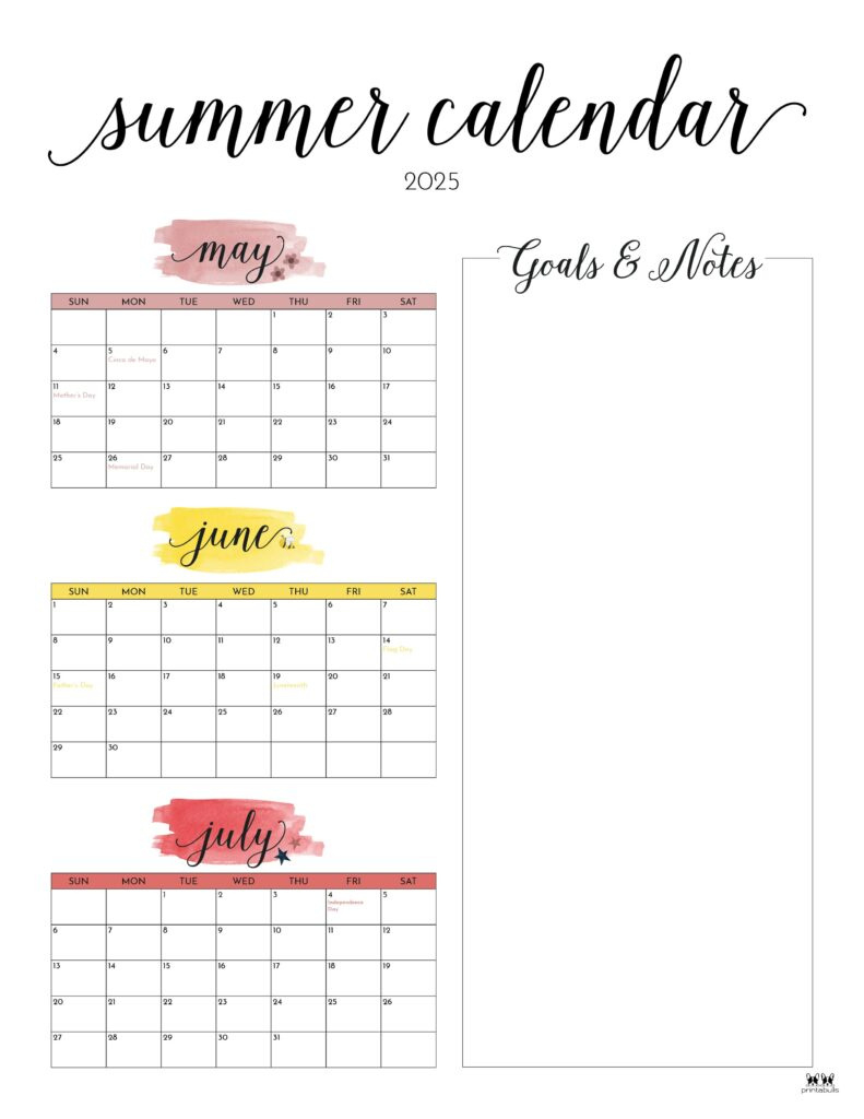 2025 Summer Calendars - 27 Free Printables | Printabulls intended for Summer Calendar 2025 Printable | CalendarCrazePrint.Com