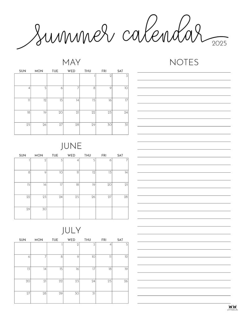 2025 Summer Calendars - 27 Free Printables | Printabulls throughout Free Printable Summer Calendar 2025 | CalendarCrazePrint.Com