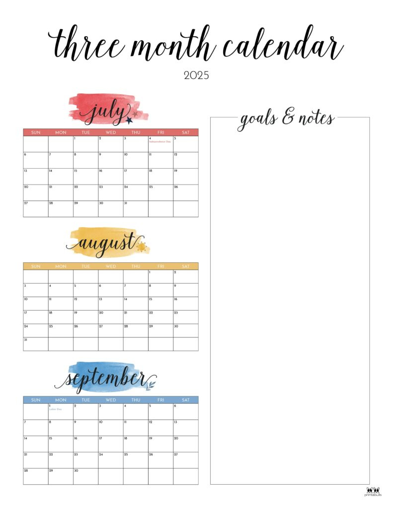 2025 Three Month/Quarterly Calendars - 36 Free Cals | Printabulls for Three Month Printable Calendar 2025 | CalendarCrazePrint.Com