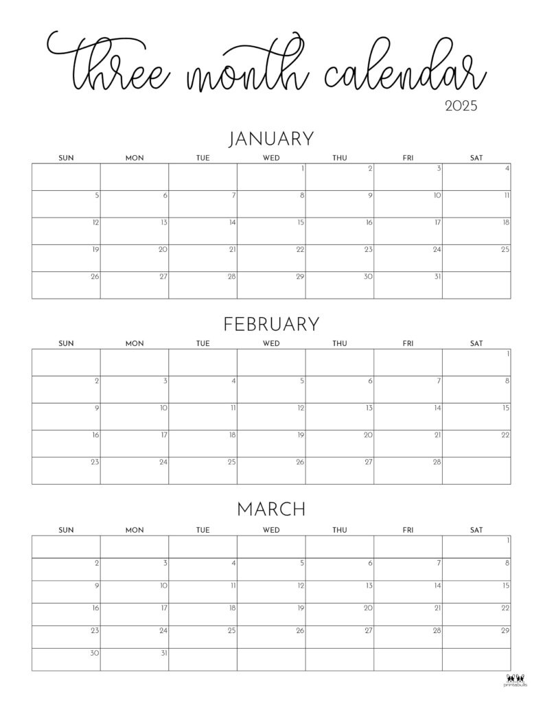 2025 Three Month/Quarterly Calendars - 36 Free Cals | Printabulls in 3 Month Calendar 2025 Printable | CalendarCrazePrint.Com