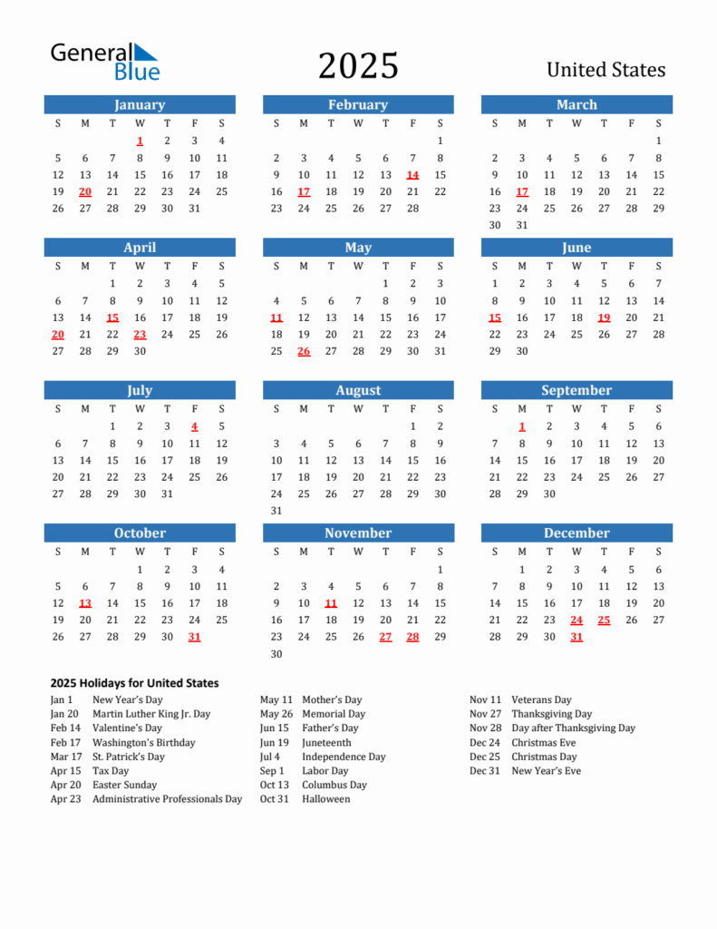 2025 United States Calendar With Holidays For 2025 Printable Calendar With Us Holidays | CalendarCrazePrint.Com