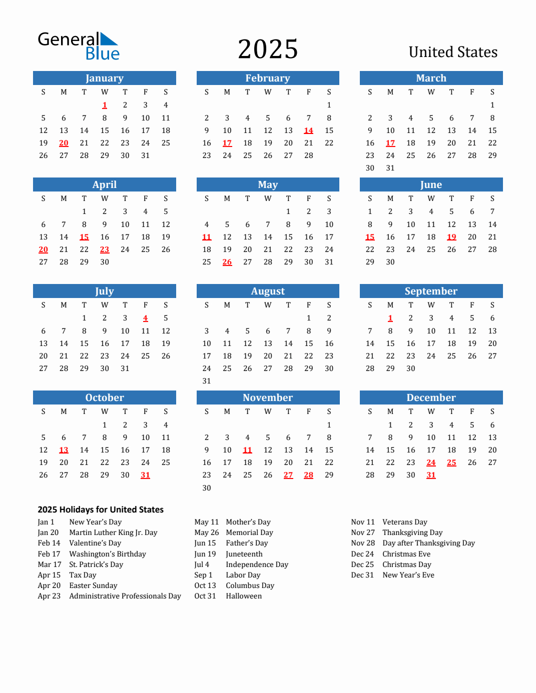 2025 United States Calendar With Holidays for 2025 Printable Calendar With Us Holidays | CalendarCrazePrint.Com