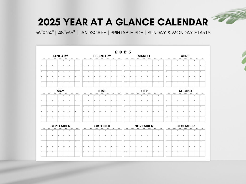 2025 Year At A Glance Calendar, Large Horizontal 2025 Calendar For 2025 Printable Calendar Year At A Glance | CalendarCrazePrint.Com