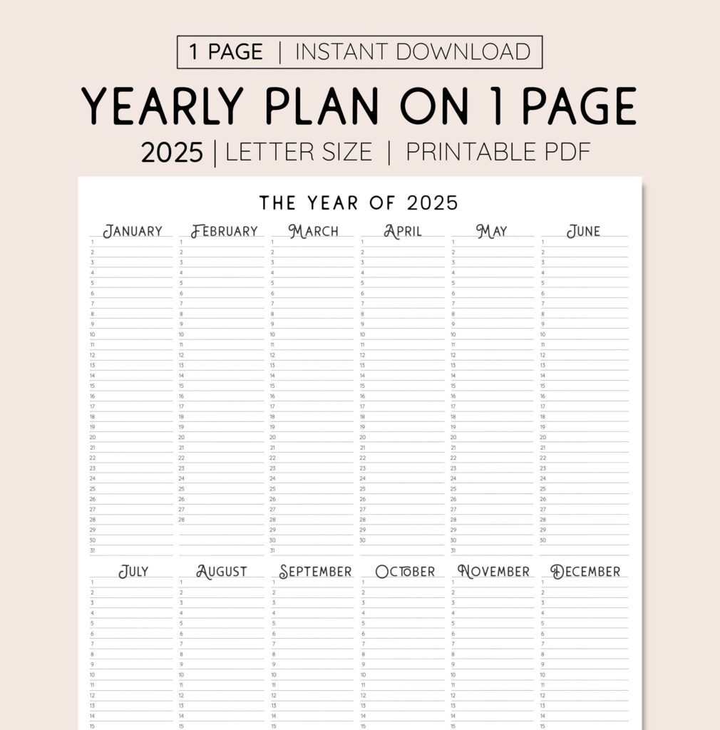 2025 Year At A Glance, Instant Download, Yearly Overview For 2025 Planner Calendar Printable  | CalendarCrazePrint.Com