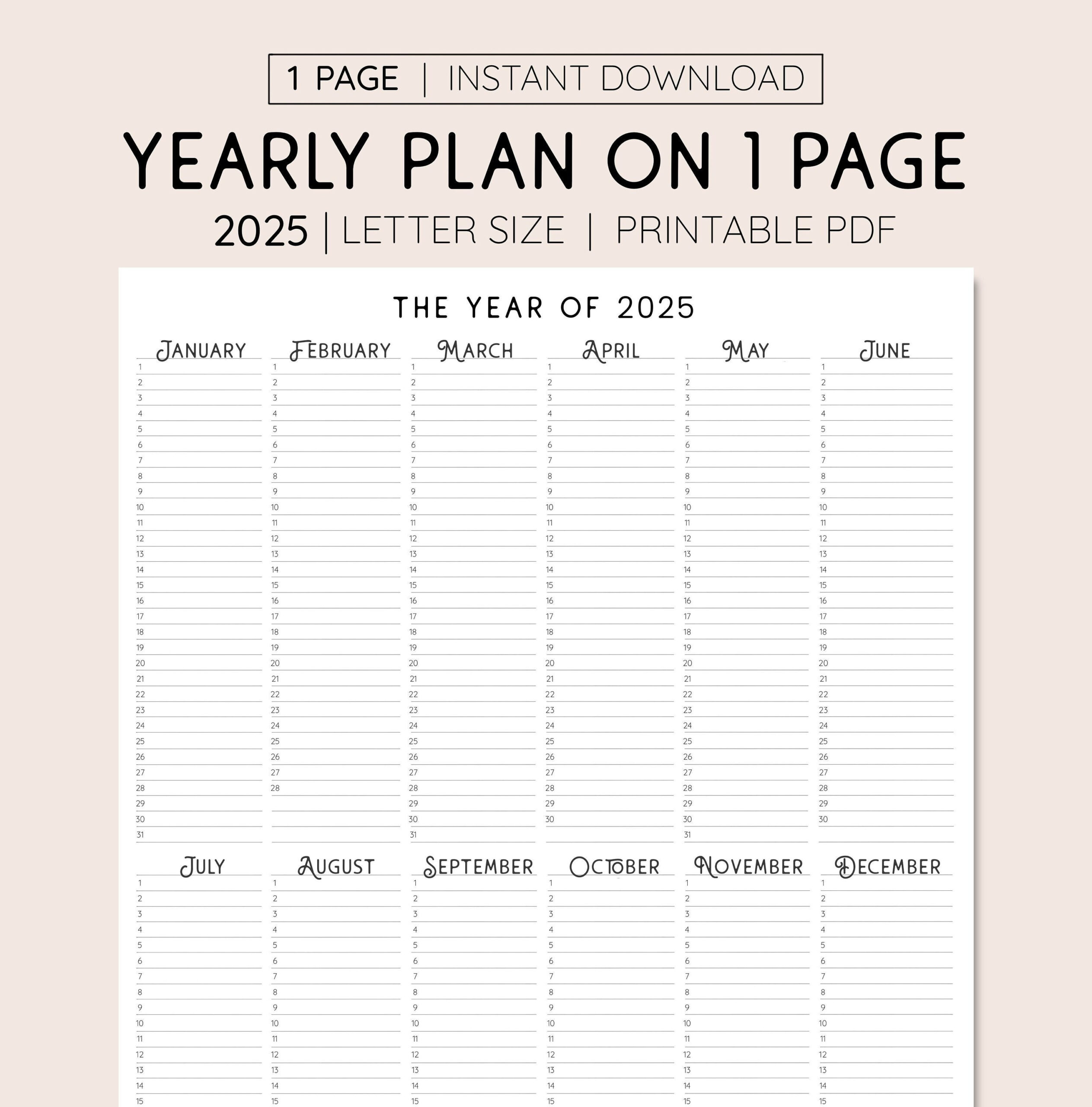 2025 Year At A Glance, Instant Download, Yearly Overview for 2025 Planner Calendar Printable | CalendarCrazePrint.Com