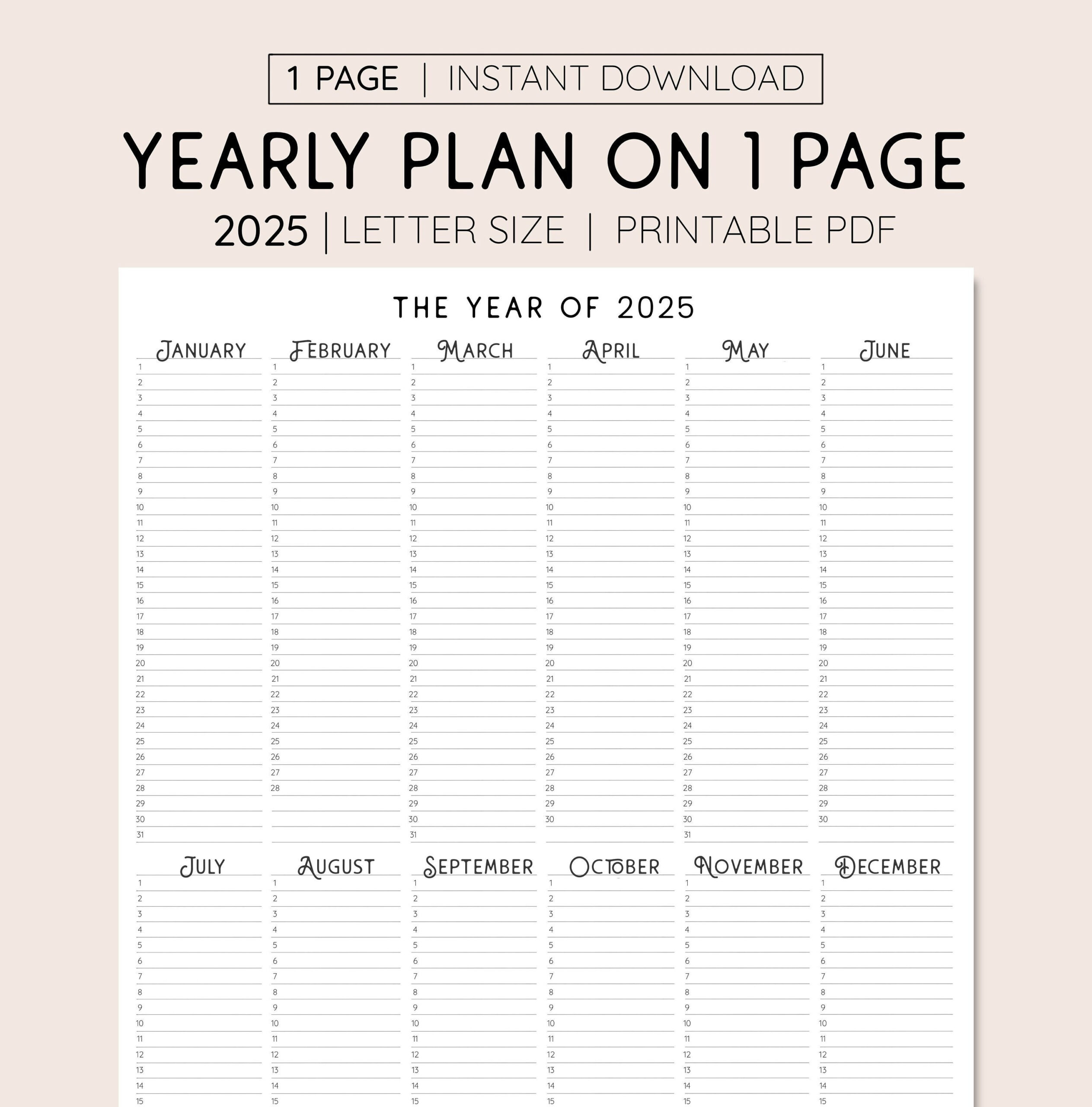 2025 Year At A Glance, Instant Download, Yearly Overview throughout Calendar Planner 2025 Printable | CalendarCrazePrint.Com