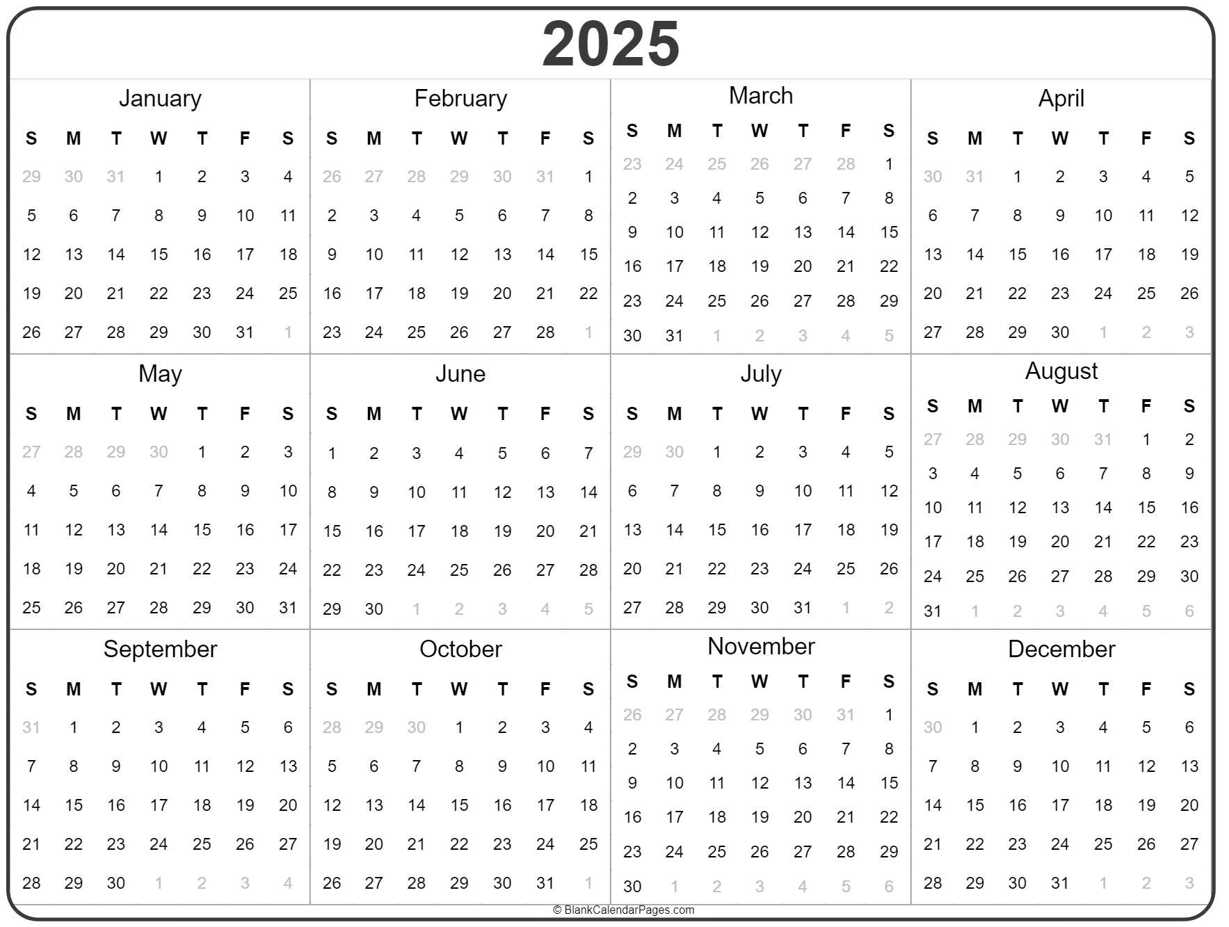 2025 Year Calendar | Yearly Printable for 2025 Printable Calendar Year | CalendarCrazePrint.Com