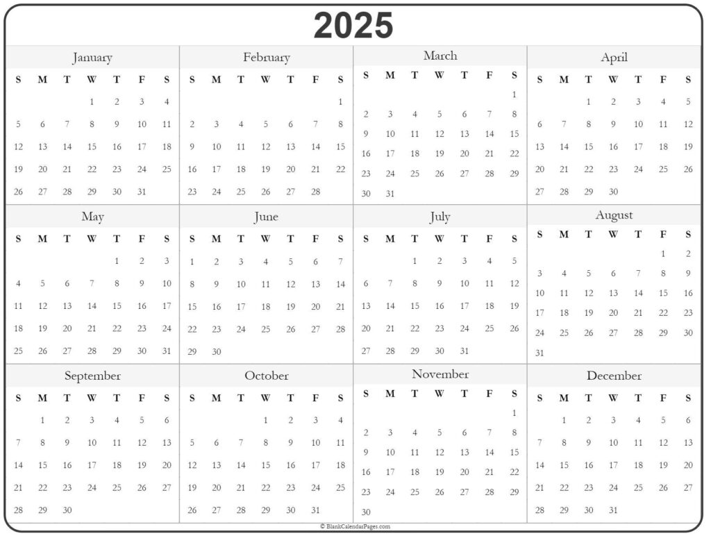 2025 Year Calendar | Yearly Printable Inside 2025 Year View Calendar Printable | CalendarCrazePrint.Com