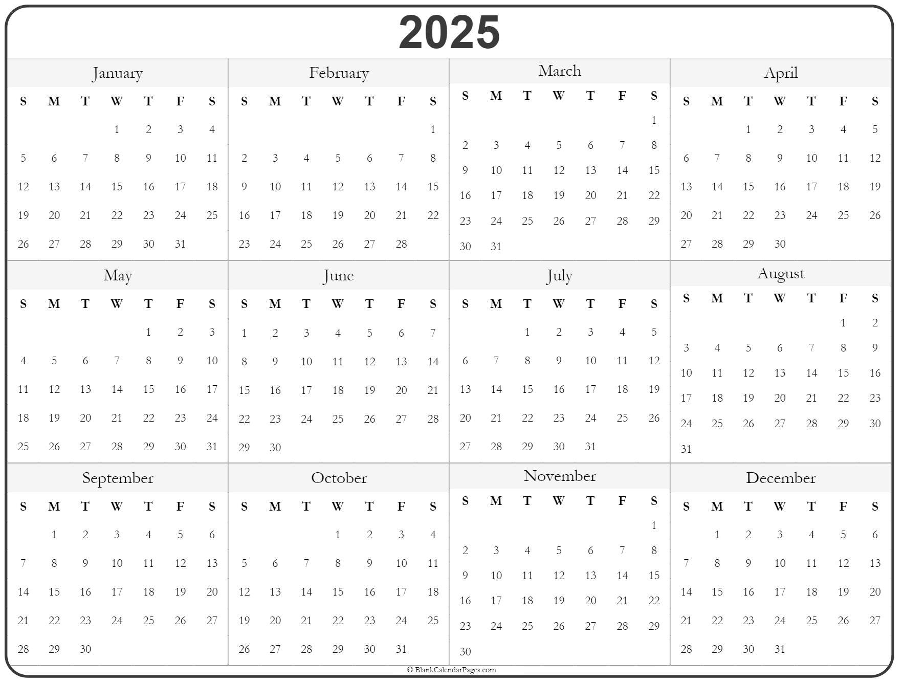 2025 Year Calendar | Yearly Printable inside 2025 Year View Calendar Printable | CalendarCrazePrint.Com