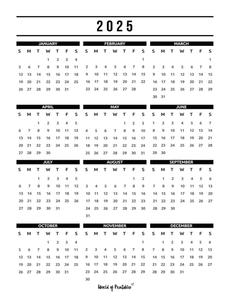 2025 Year Calendars   70 Best Printables   World Of Printables For Free Printable 1 Page 2025 Calendar  | CalendarCrazePrint.Com